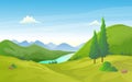 Natural green valley landscape with river and mountain row. Royalty Free Stock Photo