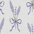 Natural grey french woven linen texture background. Vintage printed lavender motif seamless pattern. Organic yarn close Royalty Free Stock Photo