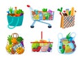 Natural grocery food basket. Trolley, basket, craft package, paper bag with grocery food milk, meat, bread, fruits and vegetables Royalty Free Stock Photo