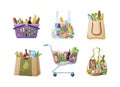 Natural grocery food basket. Trolley, basket, craft package, paper bag with grocery food milk, meat, bread, fruits and vegetables Royalty Free Stock Photo