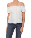 Natural Ground Silk Cotton Voile Schiffli Off Shoulder Top with blue jean, white background