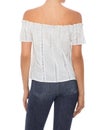 Natural Ground Silk Cotton Voile Schiffli Off Shoulder Top with blue jean, white background