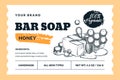 Hand made honey soap bar package label or sticker design. Vector hand drawn sketch illustration. Badge or banner layout Royalty Free Stock Photo