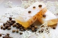 Natural hand-made soap, bath salt and coffee beans Royalty Free Stock Photo