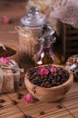 Natural handmade soap, aromatic cosmetic oil, sea salt with coffee beans Royalty Free Stock Photo