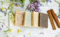 Natural handmade soap bars with organic medicinal plants and flowers.Homemade beauty products with natural essential oils from Royalty Free Stock Photo