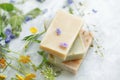 Natural handmade soap bars with organic medicinal plants and flowers.Homemade beauty products with natural essential oils from Royalty Free Stock Photo