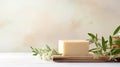 Natural handmade soap on an eco-style background, handmade with herbal ingredients with space for text. Hobby soap making, home