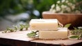 Natural handmade soap on an eco-style background, handmade with herbal ingredients with space for text. Hobby soap making, home