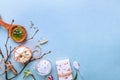 Natural handmade soap, spa organic, aromatic salt. Flat lay on a blue background Royalty Free Stock Photo