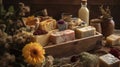 Natural Handmade Soaps With Dried Flowers On Burlap