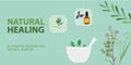 Natural healing and alternative medicine: plants, lab equipment and icons, banner with copy space