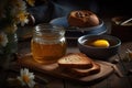 Natural healthy delicious honey with bread. Rustic still life