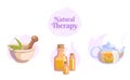 Natural Healthy lifestyle icons set for spa salon. Blooming tea, massage oil, mortar and pestle Herbal organic Royalty Free Stock Photo