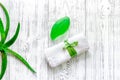 Natural herbal skin care. Aloe vera leafs and soap on wooden table background top view copyspace Royalty Free Stock Photo