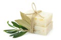 Natural herbal soaps with olive and bay leaf isolated on white background Royalty Free Stock Photo