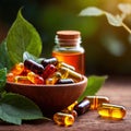 Natural herbal supplements and organic herb remedy capsule pills Royalty Free Stock Photo