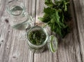 Leaves of nettle dioecious, vodka in a jug and ready tincture of nettle in a jar close-up on a wooden background. Royalty Free Stock Photo
