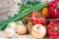 Natural homegrown raw organic food. Close up fresh harvested vegetables in wicker basket. Royalty Free Stock Photo