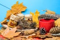 Natural homemade treats autumn season keep healthy. Set three honey natural sweets in jars and mug of tea background