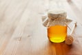 Natural honey in a pot or jar with twine tied in a bow Royalty Free Stock Photo