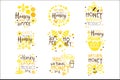 Natural Honey Products 100 Percent Organic Set Of Colorful Promo Sign Design Templates With Bees And Honeycombs Royalty Free Stock Photo