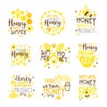 Natural Honey Products 100 Percent Organic Set Of Colorful Promo Sign Design Templates With Bees And Honeycombs Royalty Free Stock Photo