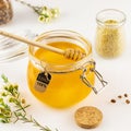 Natural honey and propolis in glass jars with honey dipper