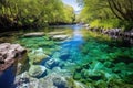 natural hot spring flowing into a crystal clear river in the wild Royalty Free Stock Photo