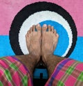 Natural human leg on colorful pink and blue background