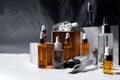 Natural hyaluronic serum on trendy abstrac background. Natural materials and skin care