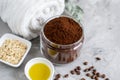 Natural Ingredients for Homemade Body Chocolate Coffee Oatmeal Sugar Scrub Oil Beauty SPA Concept Royalty Free Stock Photo