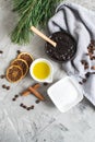 Natural Ingredients for Homemade Body Chocolate Coffee Sugar Salt Scrub Oil Beauty SPA Concept Body Care Royalty Free Stock Photo