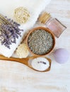 Natural Ingredients for Homemade Body Foot Face Lavender Salt Scrub Royalty Free Stock Photo