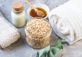 Natural Ingredients Homemade Body Oatmeal Sea Salt Scrub with Olive Oil Honey Milk Royalty Free Stock Photo