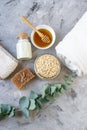 Natural Ingredients Homemade Body Oatmeal Sea Salt Scrub with Olive Oil Honey Milk Royalty Free Stock Photo