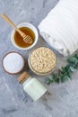 Natural Ingredients Homemade Body Oatmeal Sea Salt Scrub with Olive Oil Honey Milk Royalty Free Stock Photo