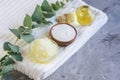 Natural Ingredients Homemade Body Oatmeal Sea Salt Scrub with Olive Oil Honey Milk Royalty Free Stock Photo