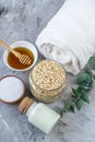 Natural Ingredients Homemade Body Oatmeal Sea Salt Scrub with Olive Oil Honey Milk Royalty Free Stock Photo