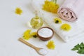 Natural ingredients for homemade body salt scrub with dandelion flowers, lemon, honey and olive oil Royalty Free Stock Photo