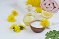 Natural ingredients for homemade body salt scrub with dandelion flowers, lemon, honey and olive oil Royalty Free Stock Photo