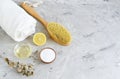Natural Ingredients for Homemade Body Sea Salt Scrub Lemon Olive Oil Royalty Free Stock Photo