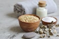 Natural Ingredients for Homemade Oatmeal Milk Body Face Scrub Beauty Concept