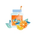 Natural juice with orange and lemon. Organic fruit beverage. Delicious cocktail in glass jar with drinking straw Royalty Free Stock Photo