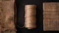 Natural jute twine roll, burlap on black background. Supplies and tools for handmade hobby leisure Royalty Free Stock Photo