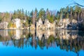 Natural lake in Adrspach rocks on sunny autumn day. Adrspach-Teplice sandstone rock town, Czech Republic