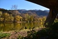 Natural lake and autumn forest at the top of the mountains Royalty Free Stock Photo