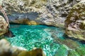 Natural Lake Inside Limestone Cave. Colorful Reflection, Turquoise Transparent Water, Summer Adventures. Tourist Destination, Kei