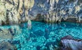 Natural Lake Inside Limestone Cave. Colorful Reflection, Turquoise Transparent Water, Summer Adventures. Tourist Destination, Kei