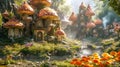 A whimsical village adorned with captivating mushrooms and picturesque structures in a stunning natural landscape. Royalty Free Stock Photo